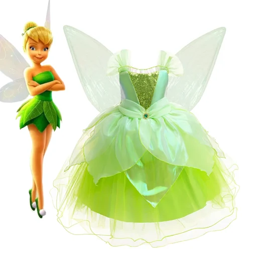 Vestido de tutú de Campanilla de Disney para niños, disfraz de hada, alas de duende, disfraz de lujo de duende para niños, regalo, tela de Halloween