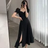 Vestido elegante de corte bajo, mangas cortas y abertura sólida