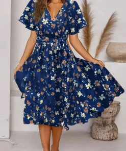 Vestido estampado de cintura con cuello de pico de manga corta nuevo de verano para mujer