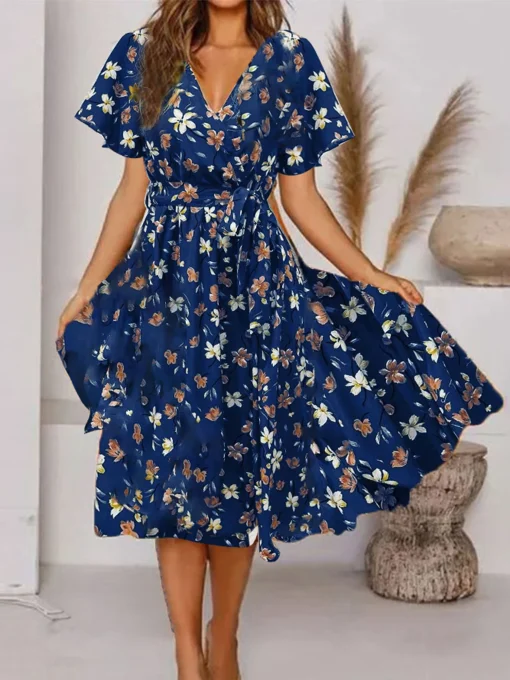 Vestido estampado de cintura con cuello de pico de manga corta nuevo de verano para mujer