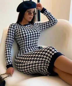 Vestido midi de manga larga con estampado pata de gallo para mujer