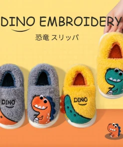 Zapatillas infantiles de felpa con dinosaurio bordado y dibujos animados, suela suave, antideslizantes, cálidas para invierno, envoltura de talón para casa, zapatos de algodón para niños y niñas