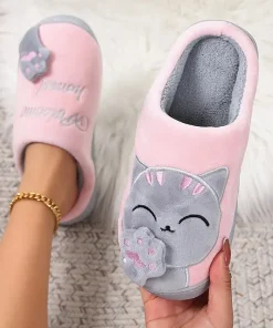 Zapatillas de Felpa Calentitas de Invierno, Gato de Dibujos